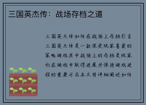 三国英杰传：战场存档之道