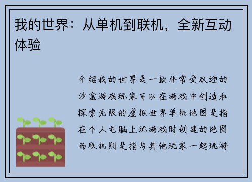 我的世界：从单机到联机，全新互动体验